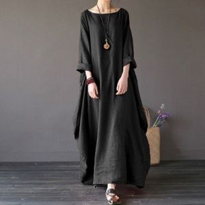 Loose Black O-neck Dress - Boho Long Sleeve